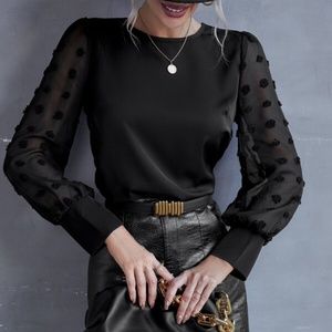 Black Swiss Dot Sheer Sleeve Chic Blouse Work Minimalist
